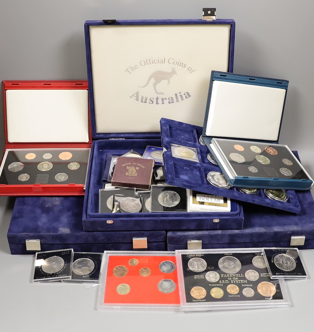 A group of silver and proof coins, to include Farewell to the £S.D. System, Royal Mint etc.